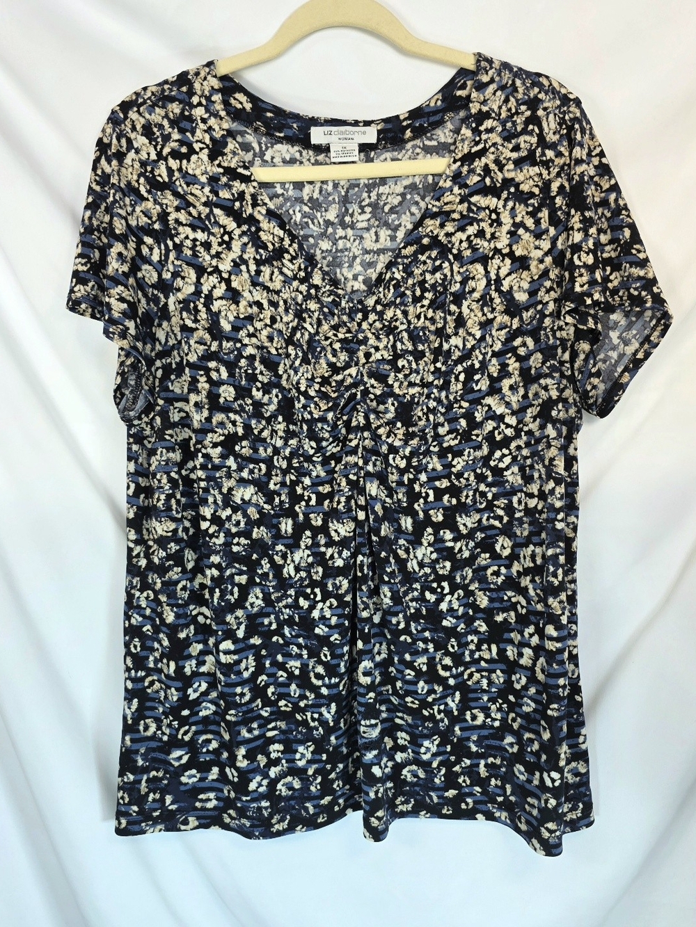 Liz Claiborne 1X Womens Blouse Blue Black Floral Stripe Ruched Boho Smart-Casual